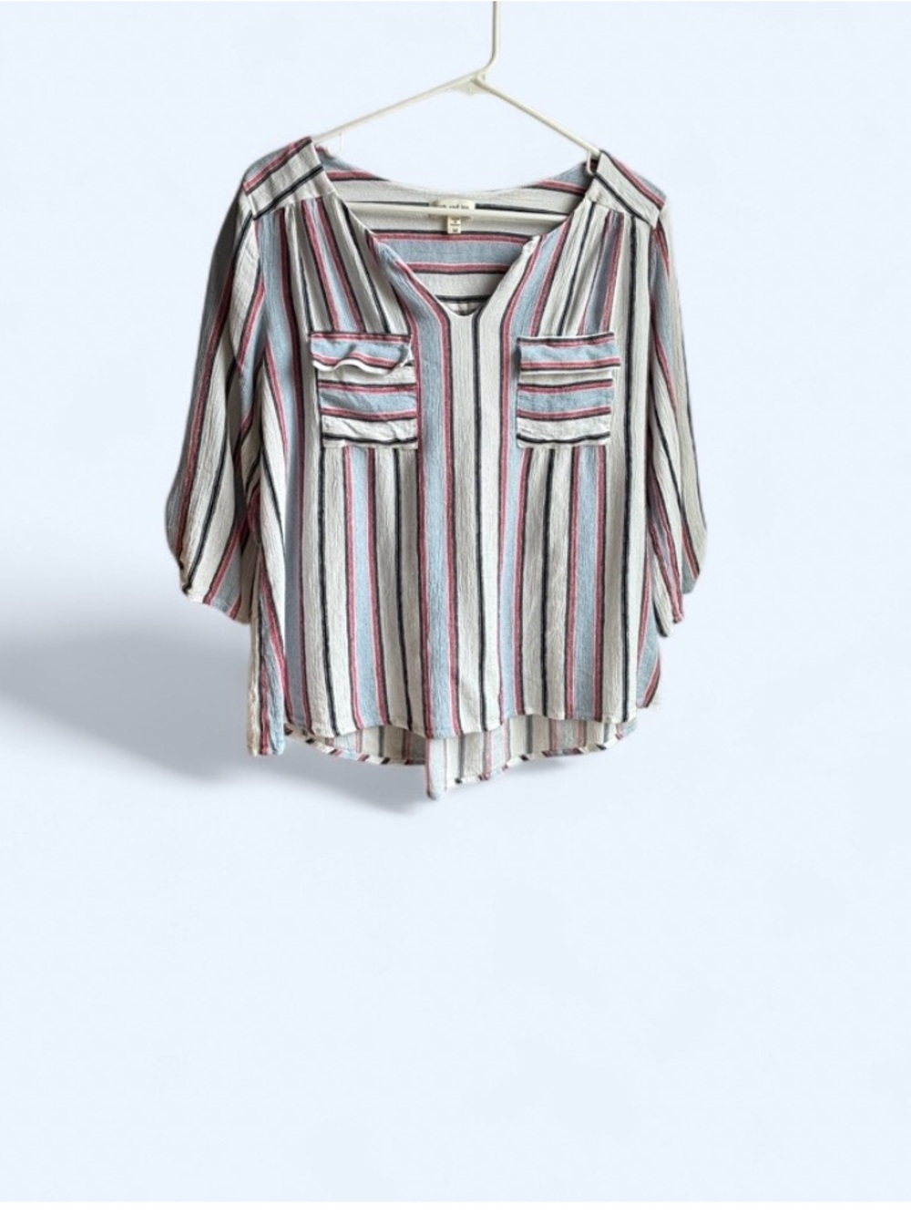 Faith and Joy Striped V-Neck Pocket Blouse in Cream, Red & Blue